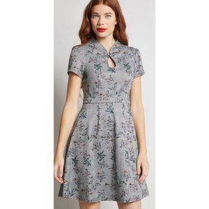 MODCLOTH high society houndstooth floral high neck skater dress Medium